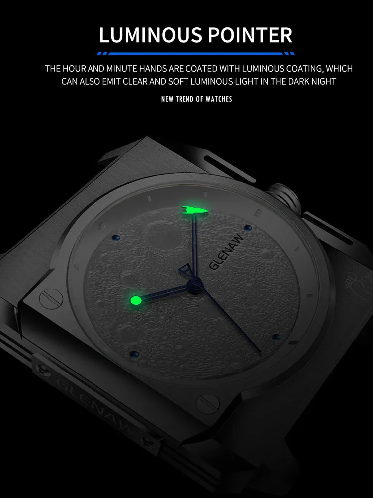 GLENAW New Unique Square Shape Design Moon Dial Spaceship Pointer waterproof Luminous Quality Men's Business Mechanical Watch