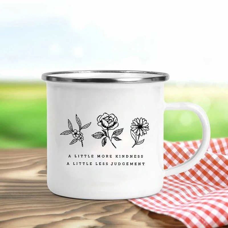 

No Rain No Flower Printed Mug Creative Coffee Tea Enamel Cup Drinks Dessert Milk Cup Camping Vacation Mugs Handle Drinkware Gift