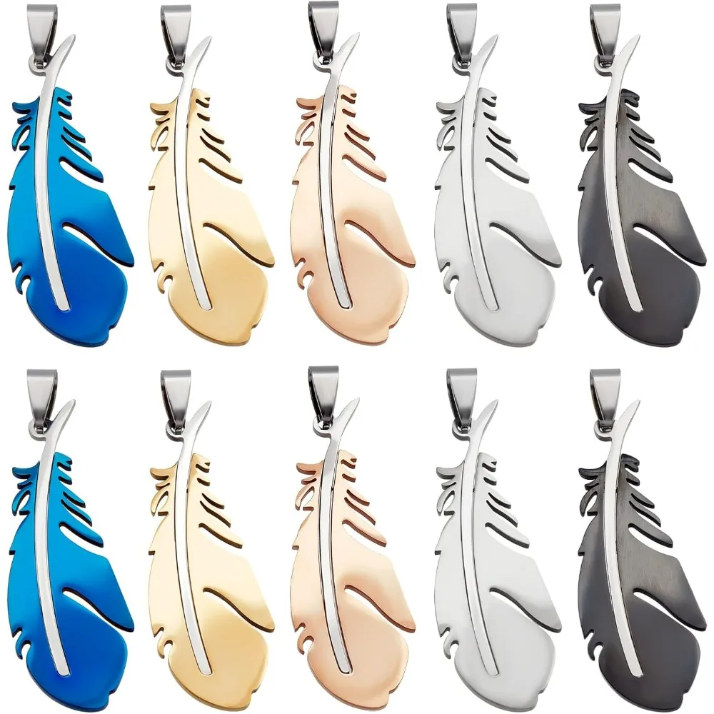 10Pcs 5 Colors Feather Pendants Stainless Steel Feather Charms 49mm Long Feather Metal Charms Earring Bracelets Charms Pendants