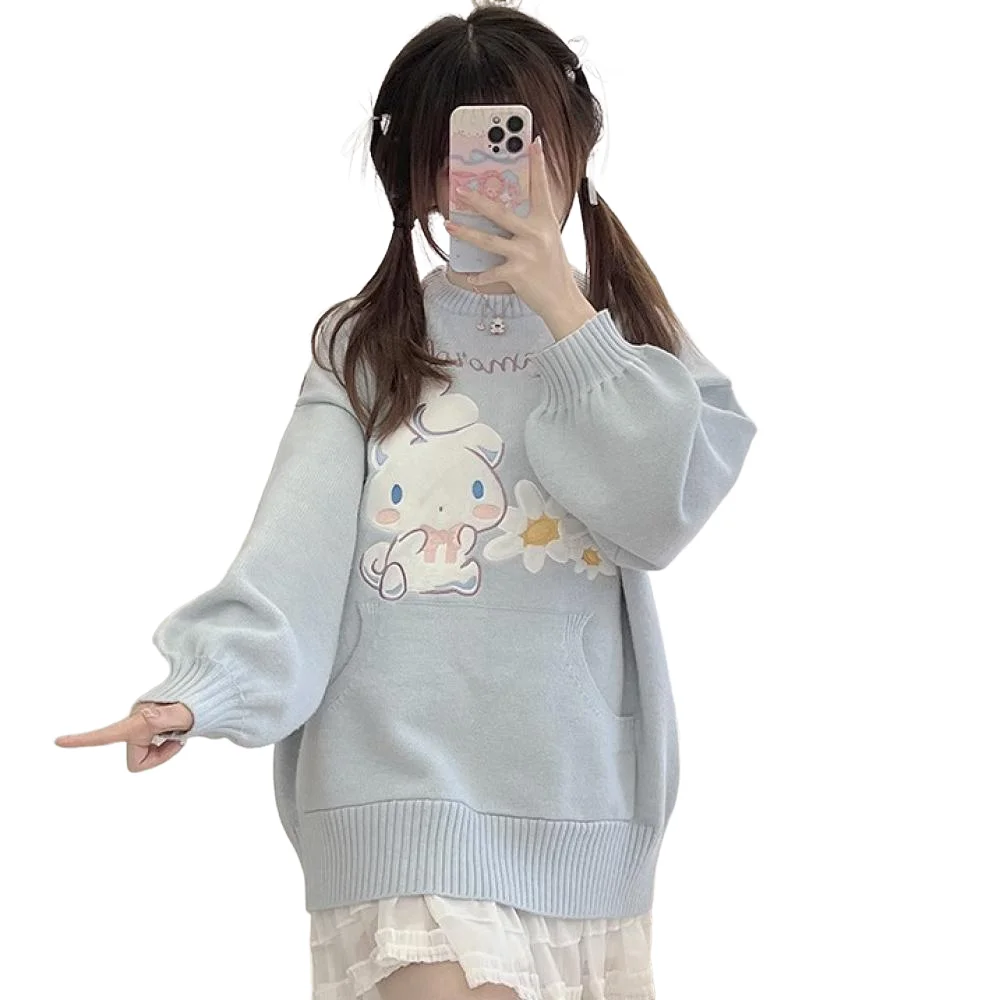 Anime Sanrio Cinnamoroll Girl Embroidery Sweater Spring Autumn Cartoon Cute Loose and Sweet Knitted Tops Long Sleeves Gifts