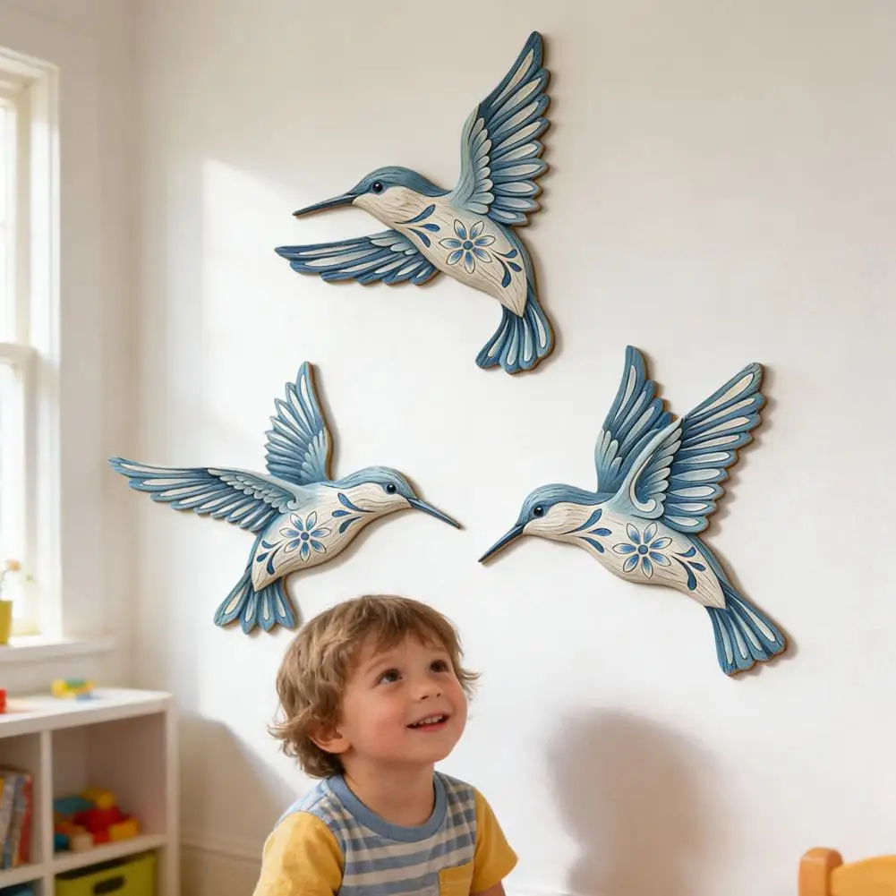 Vintage Bird Wood Hummingbird Wall Art Vintage Flying Blue Bird Sculpture Rustic Wall Hanging Decoration for Home Bedroom Living