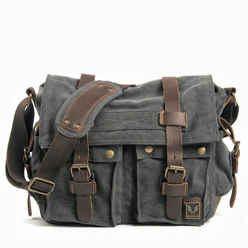 Nesitu Green Black Coffee Grey A4 Canvas Genuine Leather Crossbody Vintage Women Men Shoulder Messenger Bag I AM LEGEND M2138