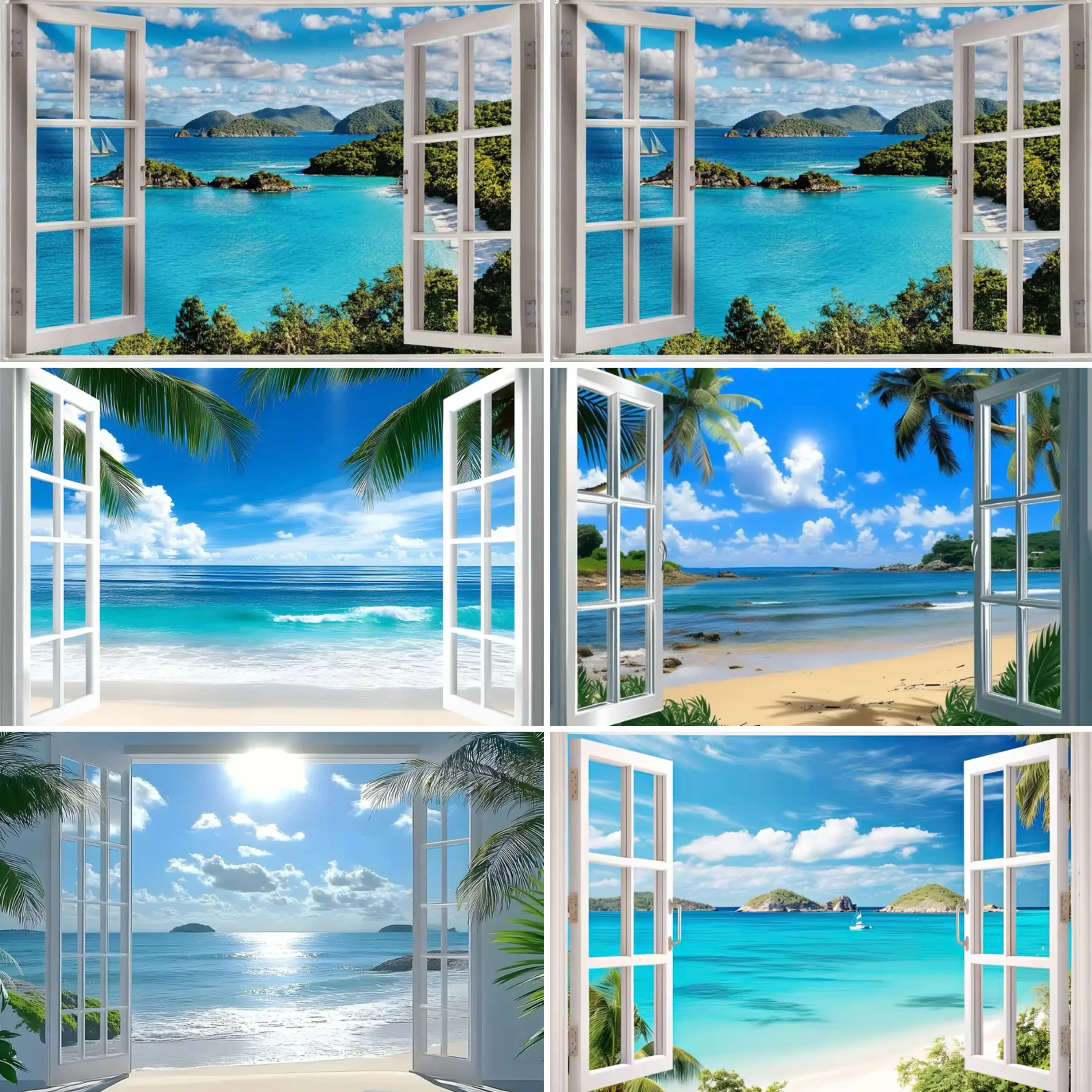 Hawaii Tropical island Decor Background Window View Coconut Trees Waves Beach Photo Photography Props Wedding Party Background