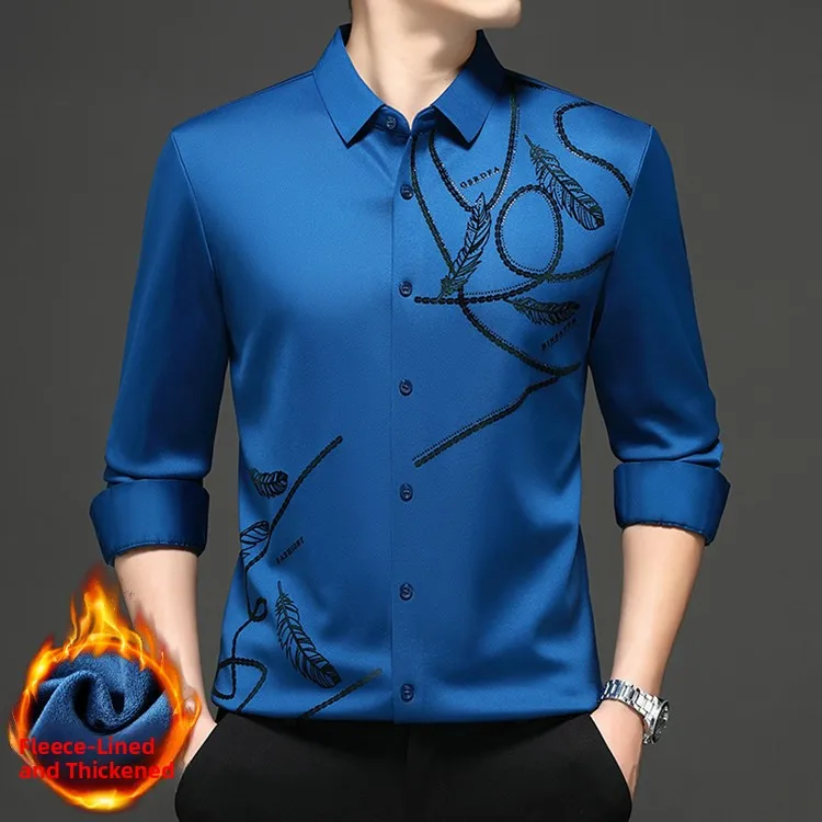 

Thiened Long Sve Fce Men's Busin Casual irt Warm Top Dad Sle Inteated Design Winter New Arrival Polyester Sp...