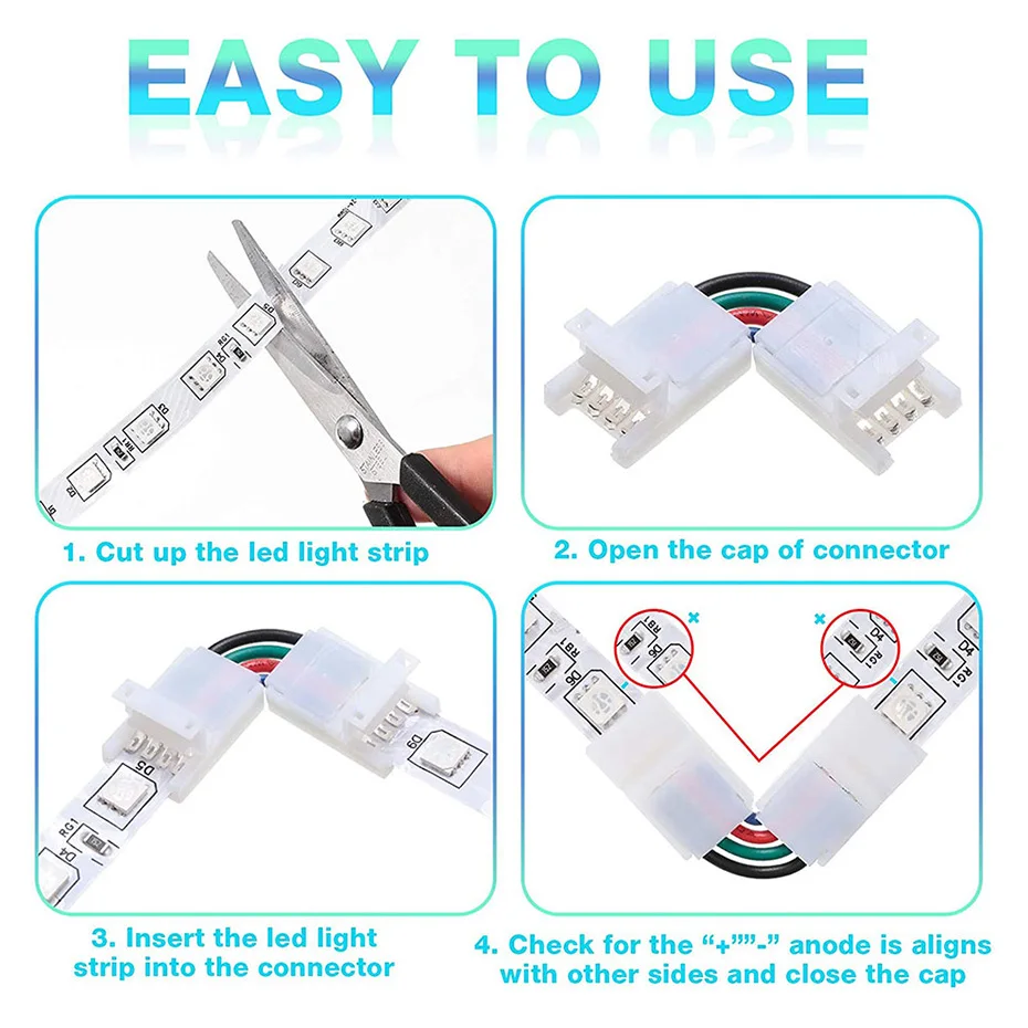 LED Strip Connector 10mm 3/4 Pin L Shape Solderless Wire Connectors For RGB WS2811 SMD 5050 Tape Light DIY Home Decoration