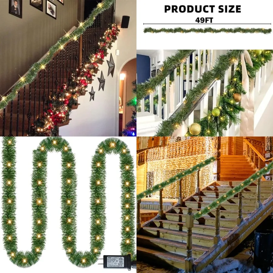 

50 FT Christmas Green Garland, 150 LED Pre-lit Lights Lighted Artificial Pine Garlands, for Indoor Outdoor Gate Home Winter Hol