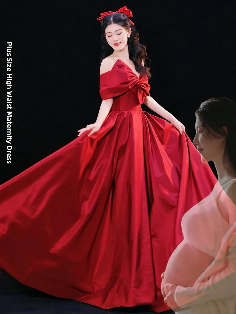 

Свадебное платье Princ Sle из атласа с завышенной талией и одним открытым плечом, скрывающее живот, больших размеров, красное, для церемоний, подходит для беременных женщин