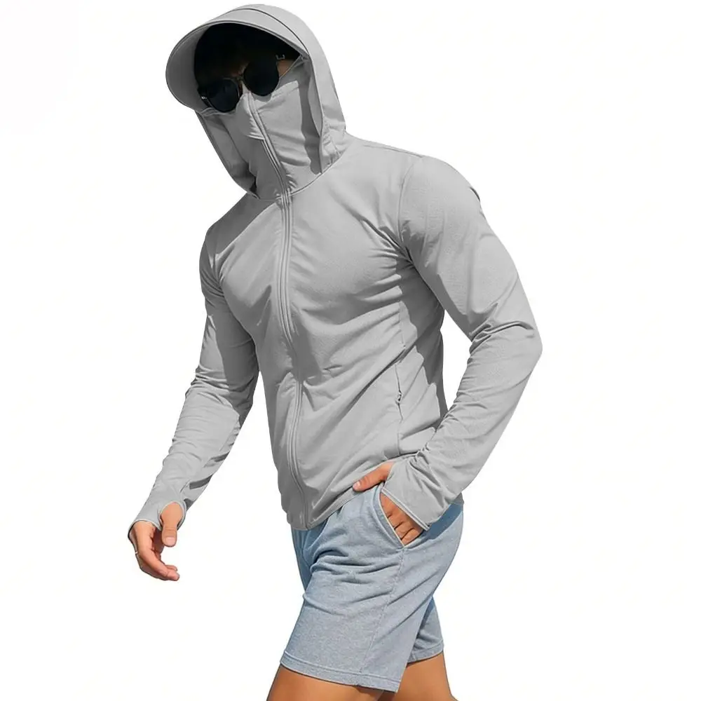 New Ice Silk Mens Sun Protection Hoodie Full-Zip Up Long Sleeve UV Shirts with Face Mask Quick Dry Fishing Shirt Men
