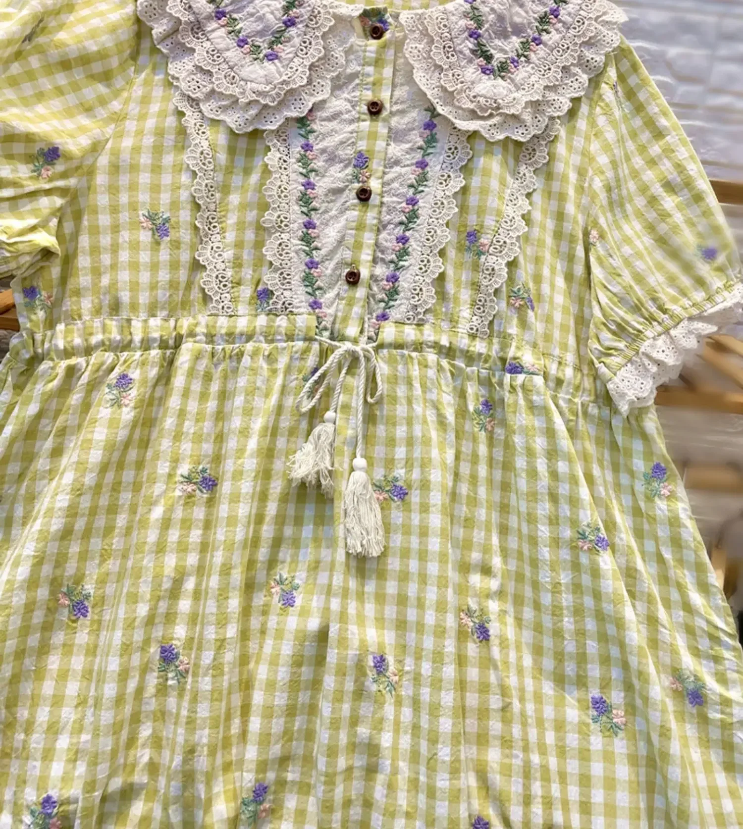 Women Mori Girl Cotton Eyelet Lace Floral Embroidery Plaid Tea Length Tunic Long Yellow Dress Vintage Shabby Chic Cottage Dress