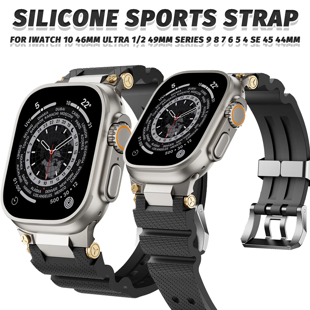 Men Silicone Strap for Apple Watch 49mm 46mm 45mm 44mm Luxury Sports Band for Iwatch Series 10 9 8 7 6 5 4 Se Ultra 1 2 Bracelet