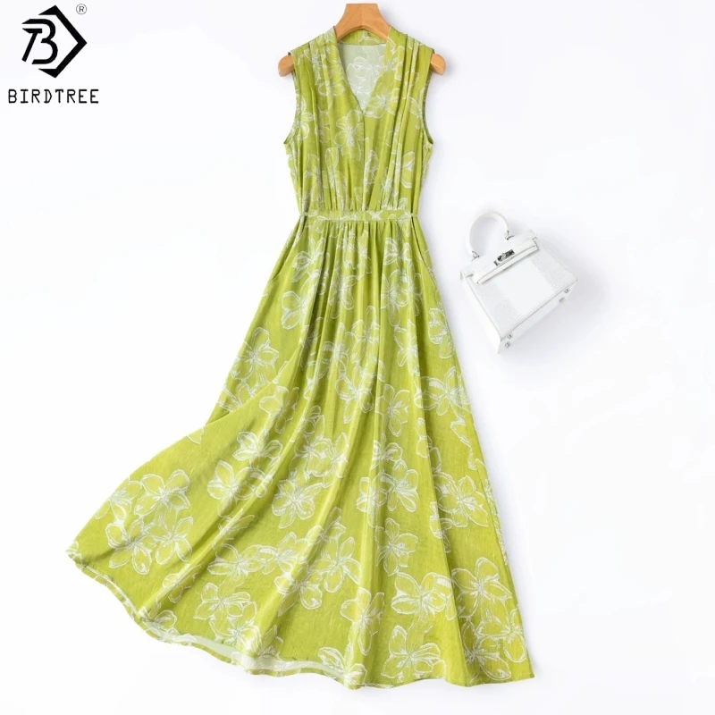 BirdTree, 100% Seiden-Print-Kleid, Ärmellos mit V-Ausschnitt, Damen-Doppelkrepp-Urlaubskleid, Hohe Taille, Sommer 2026 Neu T65321JF