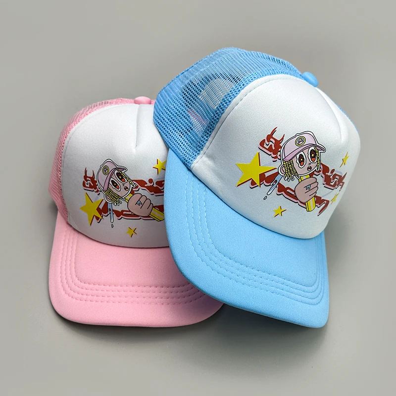 New Cruise Anime Strawberry Letter Print Trucker Half Mesh Caps Personal Sunshade Breathable Baseball Hats Men Women Fashion