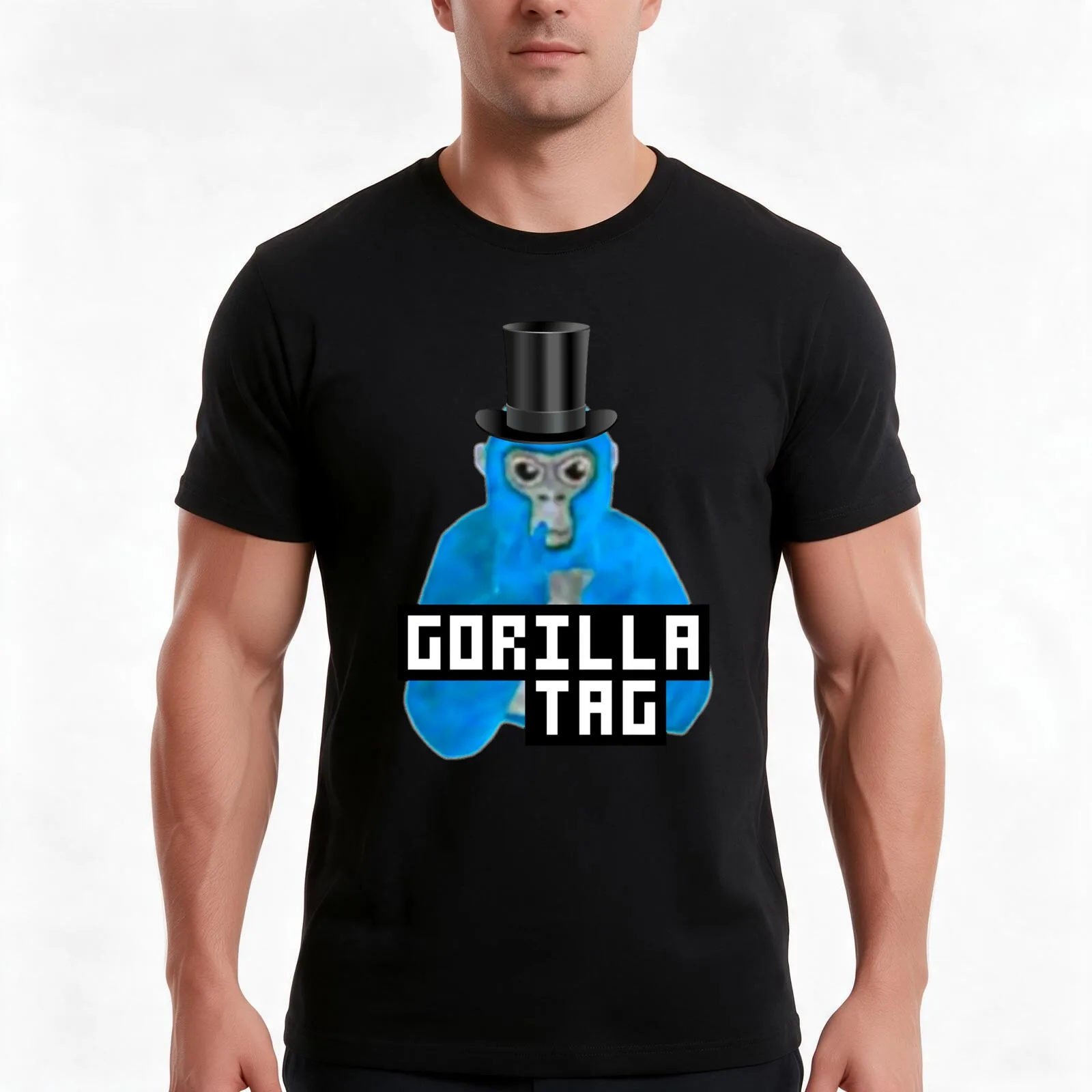 Gorilla Tag Blue Monkey Top Hat Gorilla Monke Gorilla Tag PFP Maker by POLKART T-Shirt, Summer Casual Cotton Tee, 100% Cotton