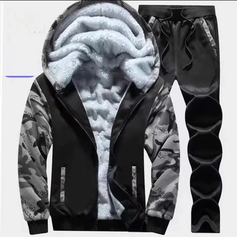 New Winter Thicken Fleece Tracksuit Men Two Piece Zipper Sports Sets Hooded Thermal Suit Casual Oversized Camouflage Tracksuits