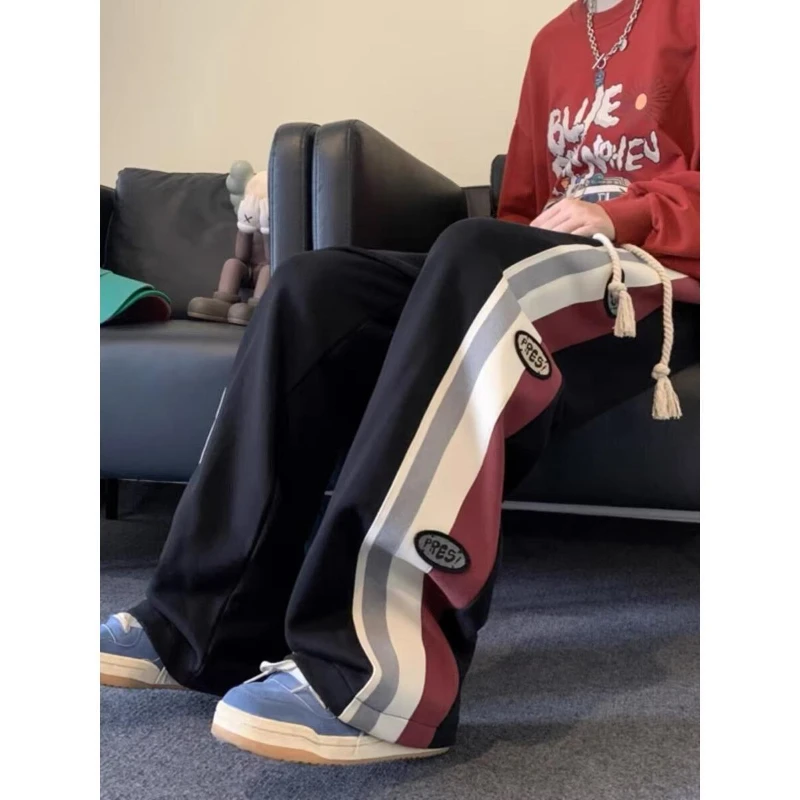 2024 Spring American Style Men's Patchwork Striped Contrast Color Printed Straight Loose Drawstring Elastic Waist Casual Pants