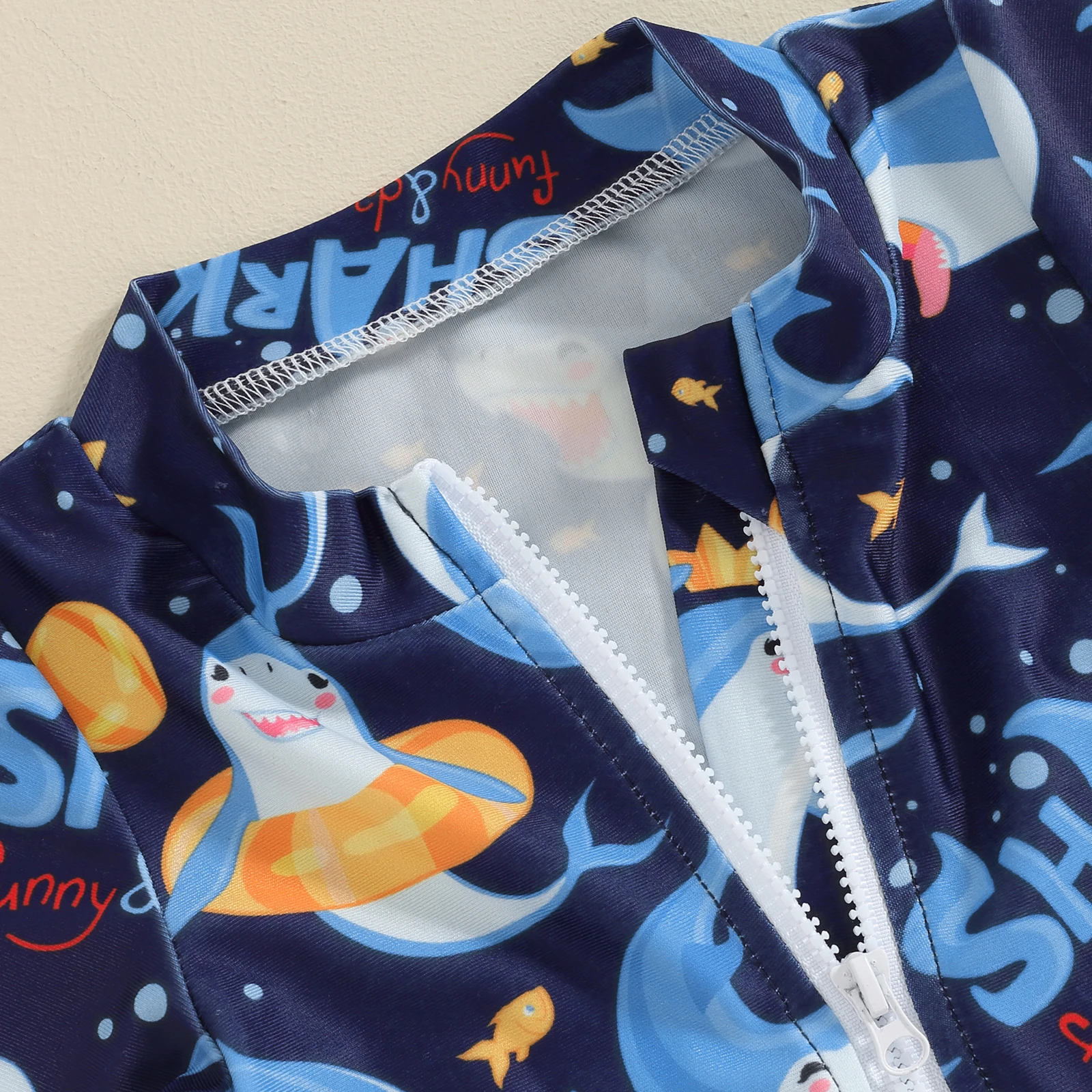 Toddler Boys Sun Protection Swimsuit Short Sleeve Crewneck Shark Print Zipper Swimwear