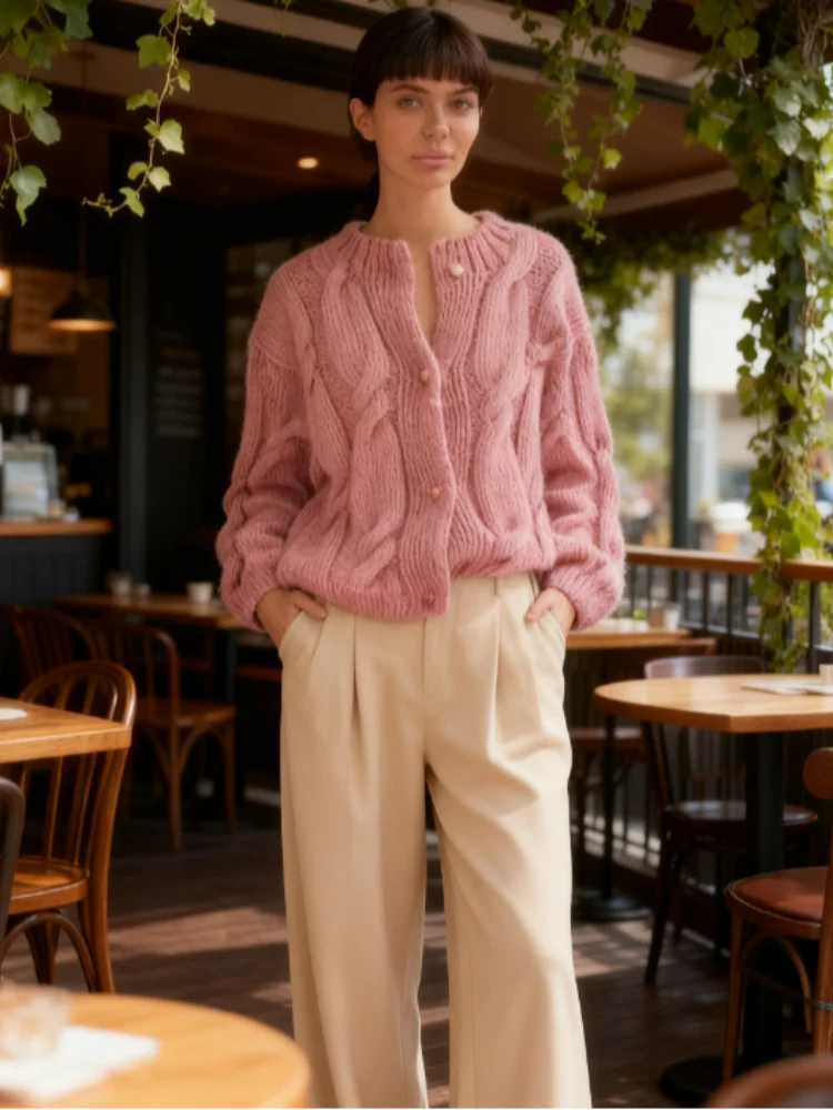 

Casual Women's Knit Twist Cardigans Loose Solid O-neck Single Breasted Long Sleeve Sweater 2025 Autumn Winter Lady Chic Knitwear