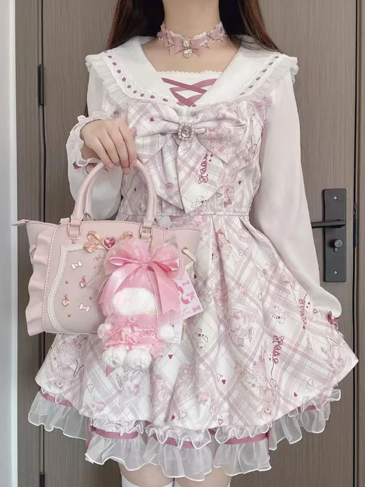 Vestido Lolita Dulce Japonés 2025 Kawaii para Mujer Primavera Estampado con Moño Falso Dos Piezas Estilo Coreano Diseño para Fiesta