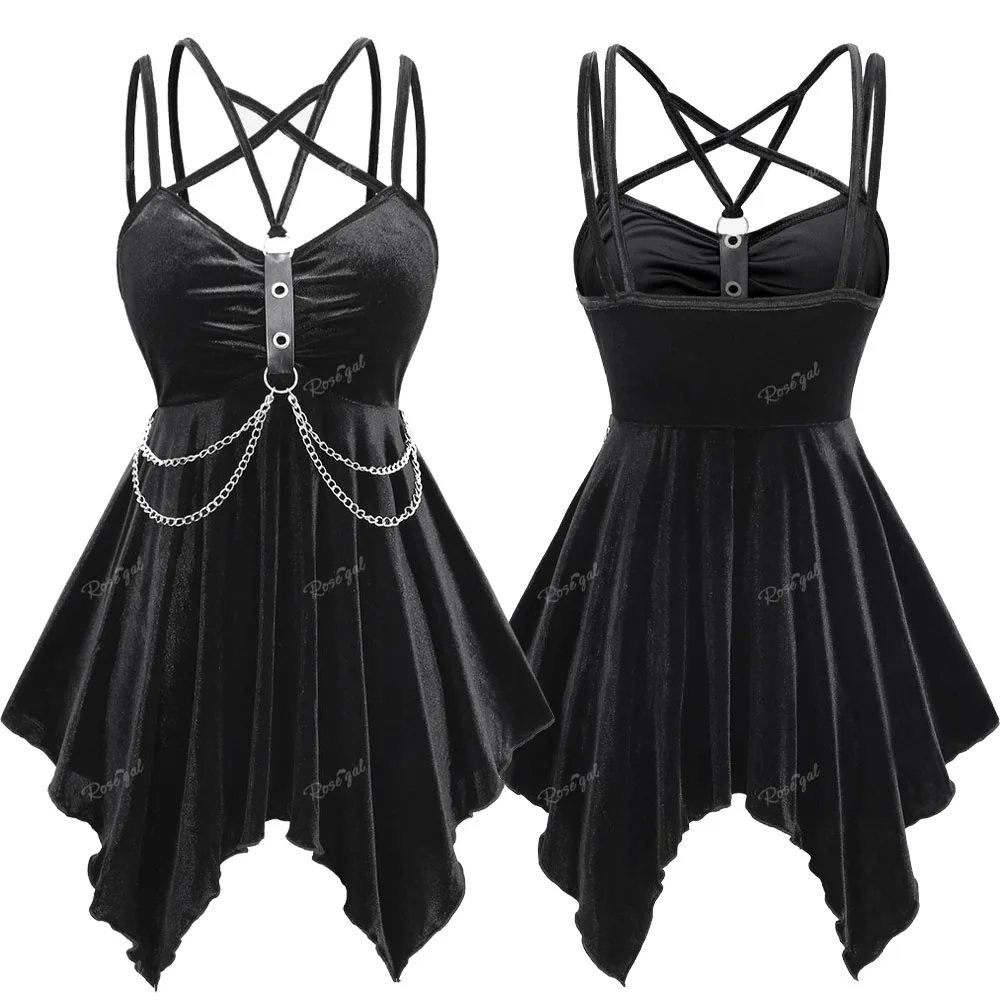 ROSEGAL Plus Size Gothic Velvet Camis Tops Black Vest PU Strap Grommet Layered Chain, Crisscross Strappy Handkerchief Tanks Y2K