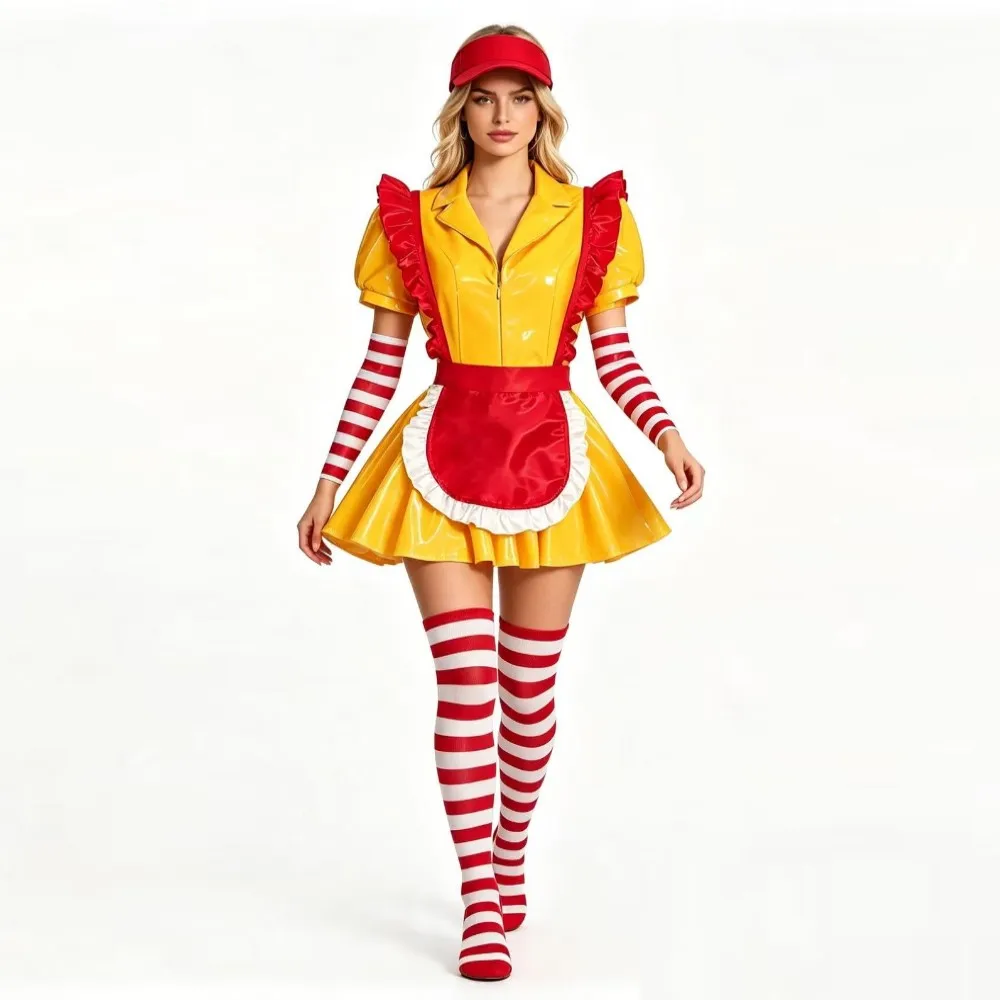 Women's Sexy Leather  Lingerie Maid Uniform Set Waitress Yellow Dress with Red Apron and Hat Halloween Cosplay Costume view 4