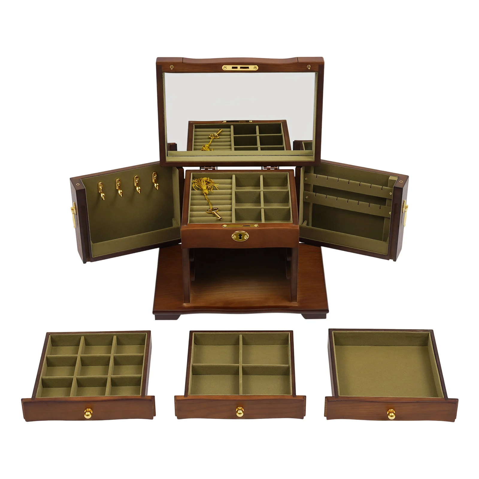 Armadietto per gioielli da tavolo con specchio, scatola portaoggetti per orecchini da ragazza a 4 strati con anello per collana con serratura