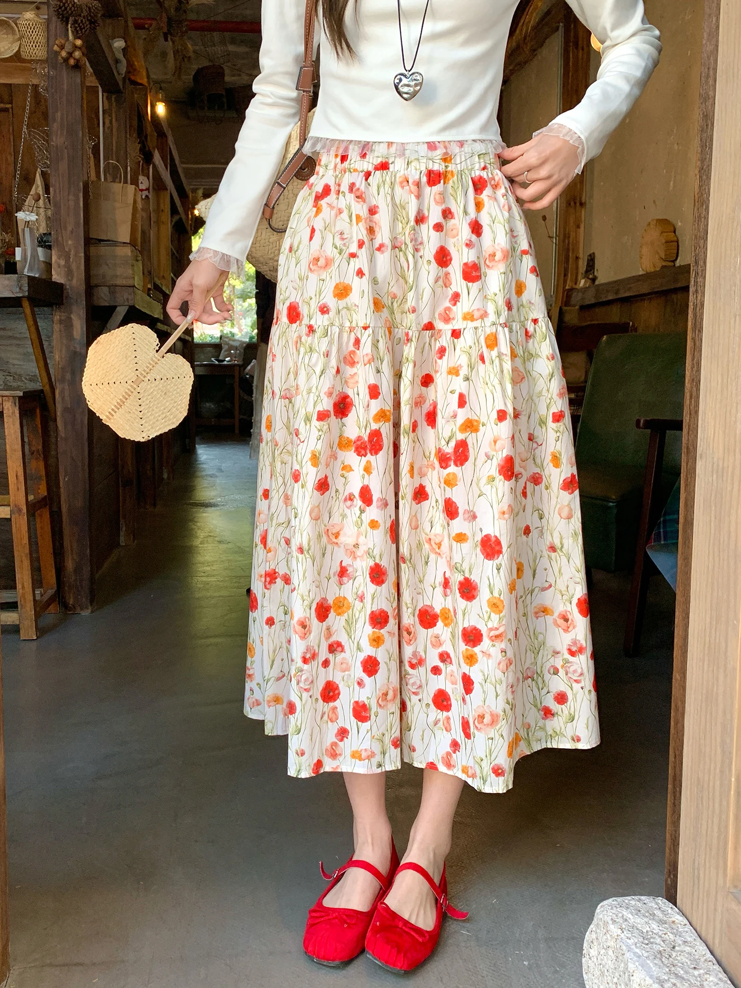 

Romantic Style Floral Print A-Line Skirt Women's Spring Summer Loose Fit High Waist Cotton Casual Skirts