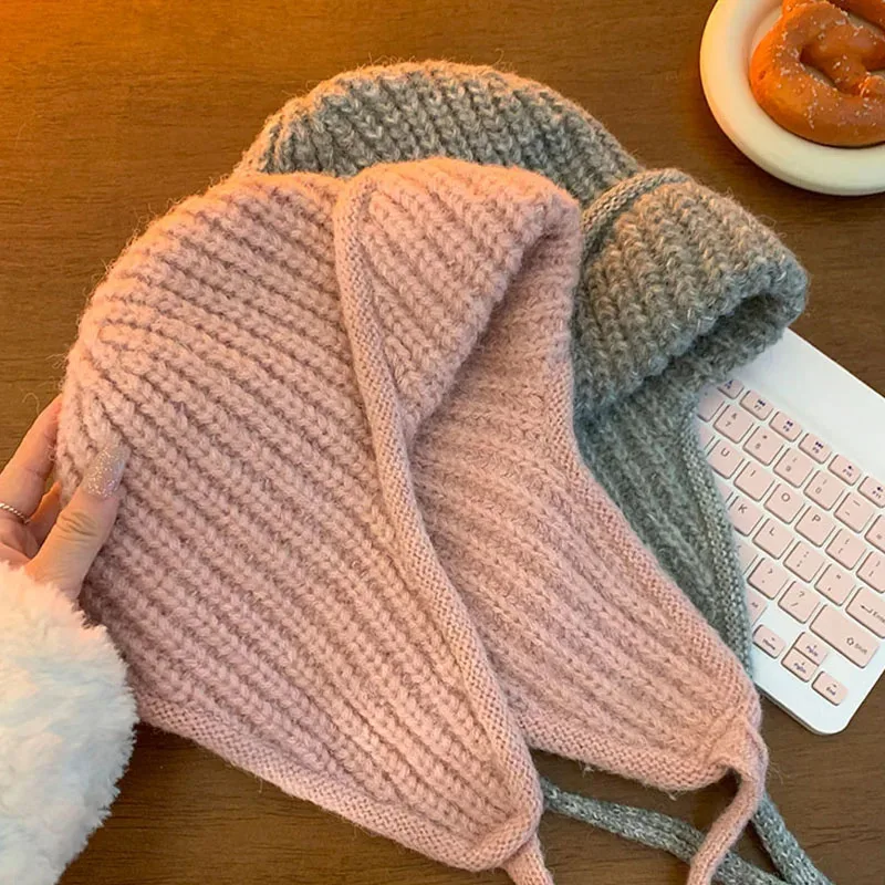 

Winter Warm Ear Protection Knitted Hat Super Soft Thickened Windproof Women Earflap Beanie Solid Color Crochet Outdoor Cap