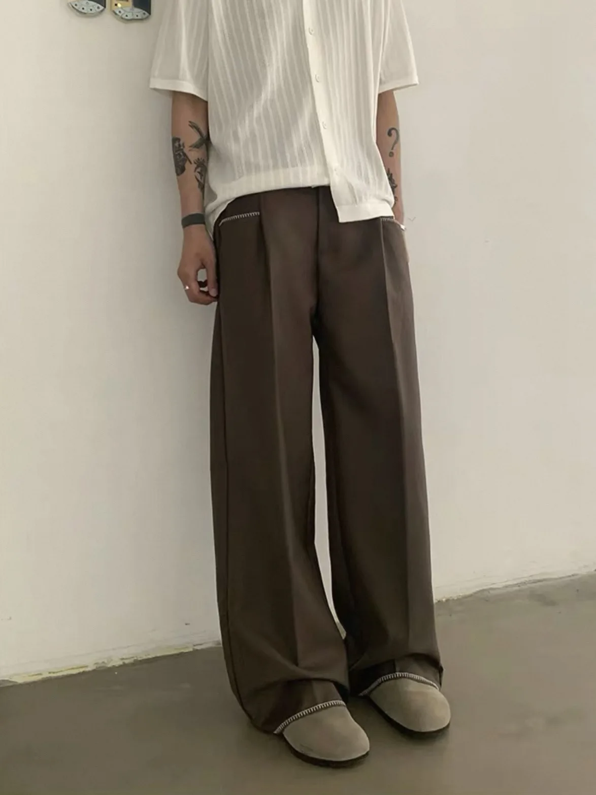 Retro Japanese Style Men's Casual Loose Fit Long Pants Sewing Line Design Drapey West Pants Basic Versatile Youth Fashion