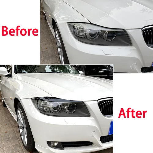 Imagen 2 del producto 2 uds lámpara de faro de coche cubierta de cejas pegatinas embellecedoras para BMW Serie 3 E90 E91 320i 330i tapas de párpados de coche negro brillante ABS carbono