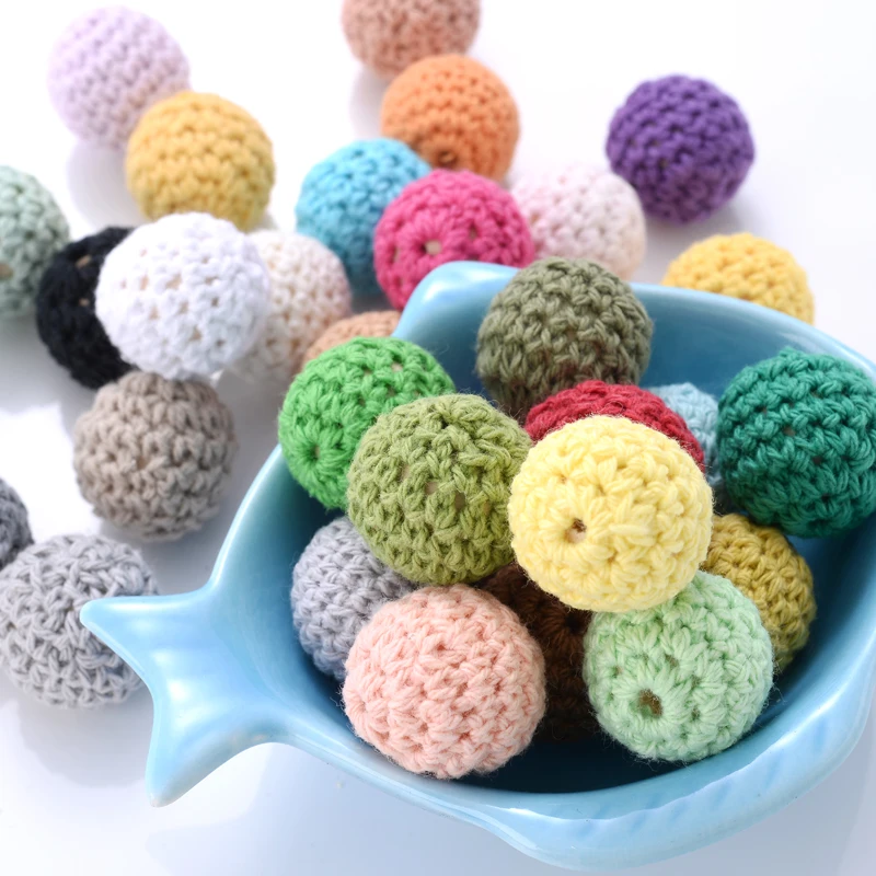 16mm 10pcs Colorful Crochet Beads Knitted By Cotton Thread Woolen Yarn For DIY Fit Decoration Baby Pacifier Chain Accessories