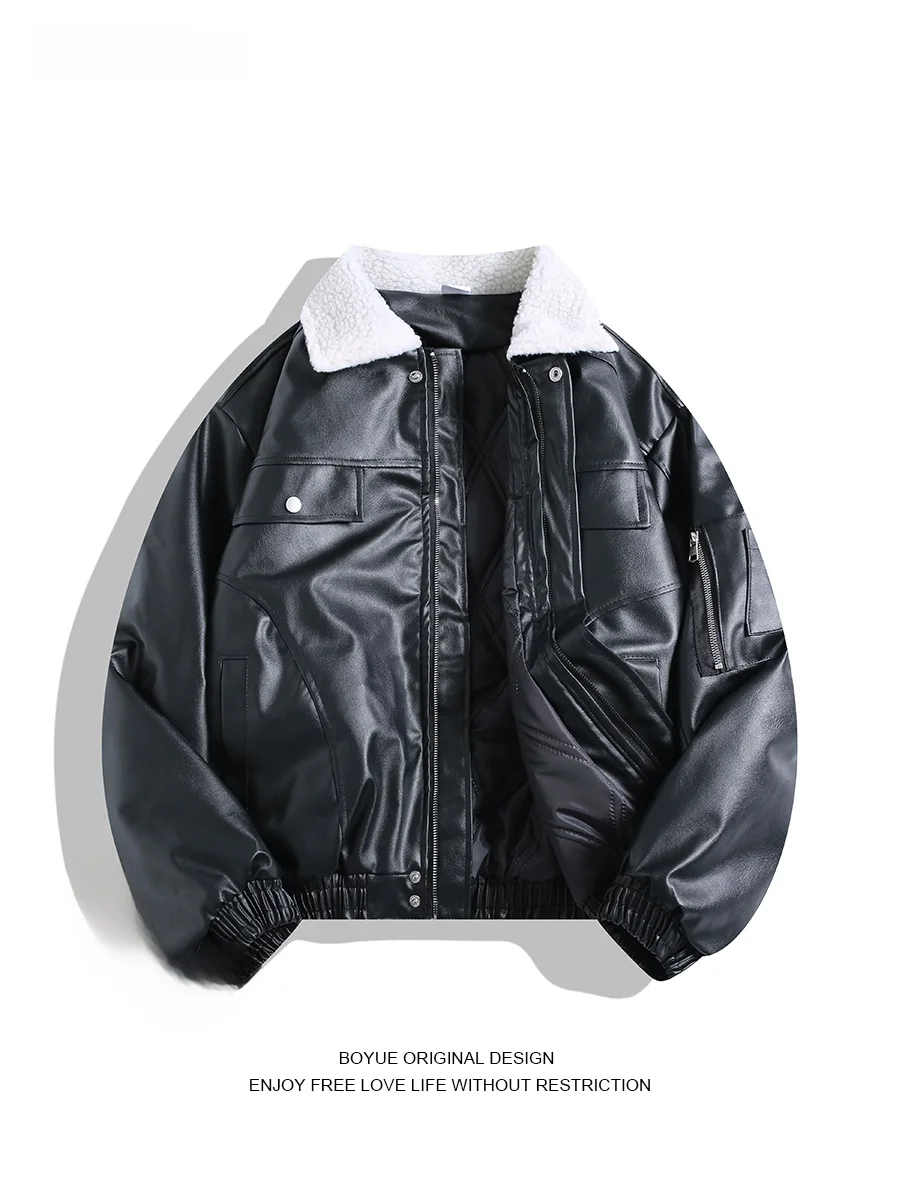 

Boyue American Retro PU Leather eep Collar Splicing Cotton Jaet Motorcycle Street Sle Men's Coat Warm Thi Long Sve...