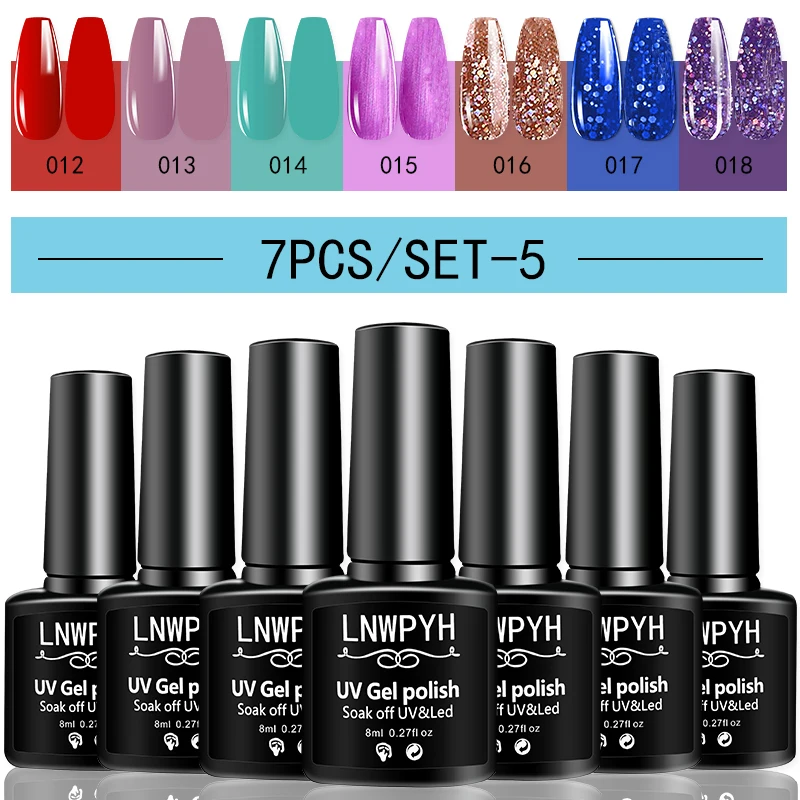Lnwpyh conjunto de esmalte em gel, 7 cores, primavera verão, cores quentes, kit de gel para arte em unhas, conjunto inteiro de verniz semipermanente