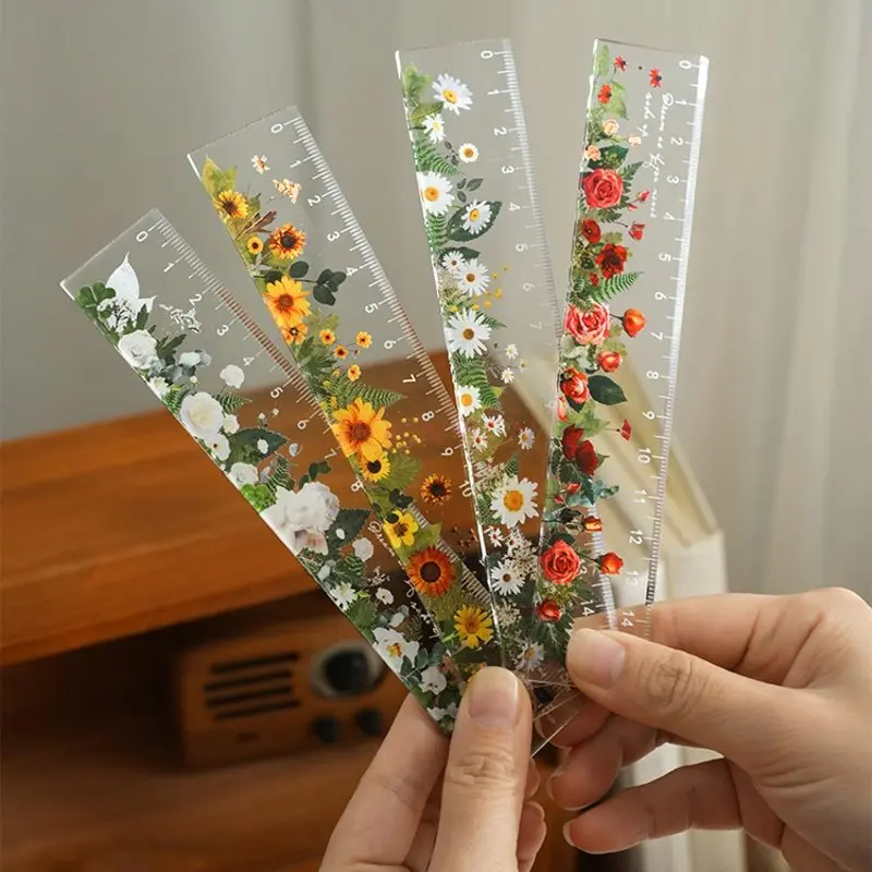 1pcs Simple Flowers and Plants Acrylic Ruler Booklet Student Stationery Straightedge Measurement Text