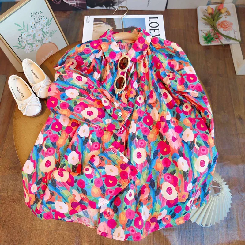 1-8 Years Oil Style Full Print Flower Spring Autumn Girls Dress Full Sleeve Lapel Single Breasted Princess Dress For Girl