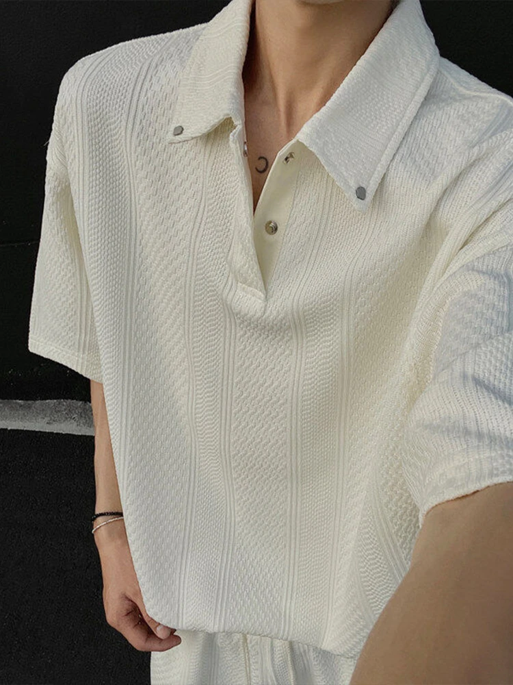 

Textured irt Men's Premium Sli ort Sve Flip Collar T-irt Summer American Retro f Sve Top