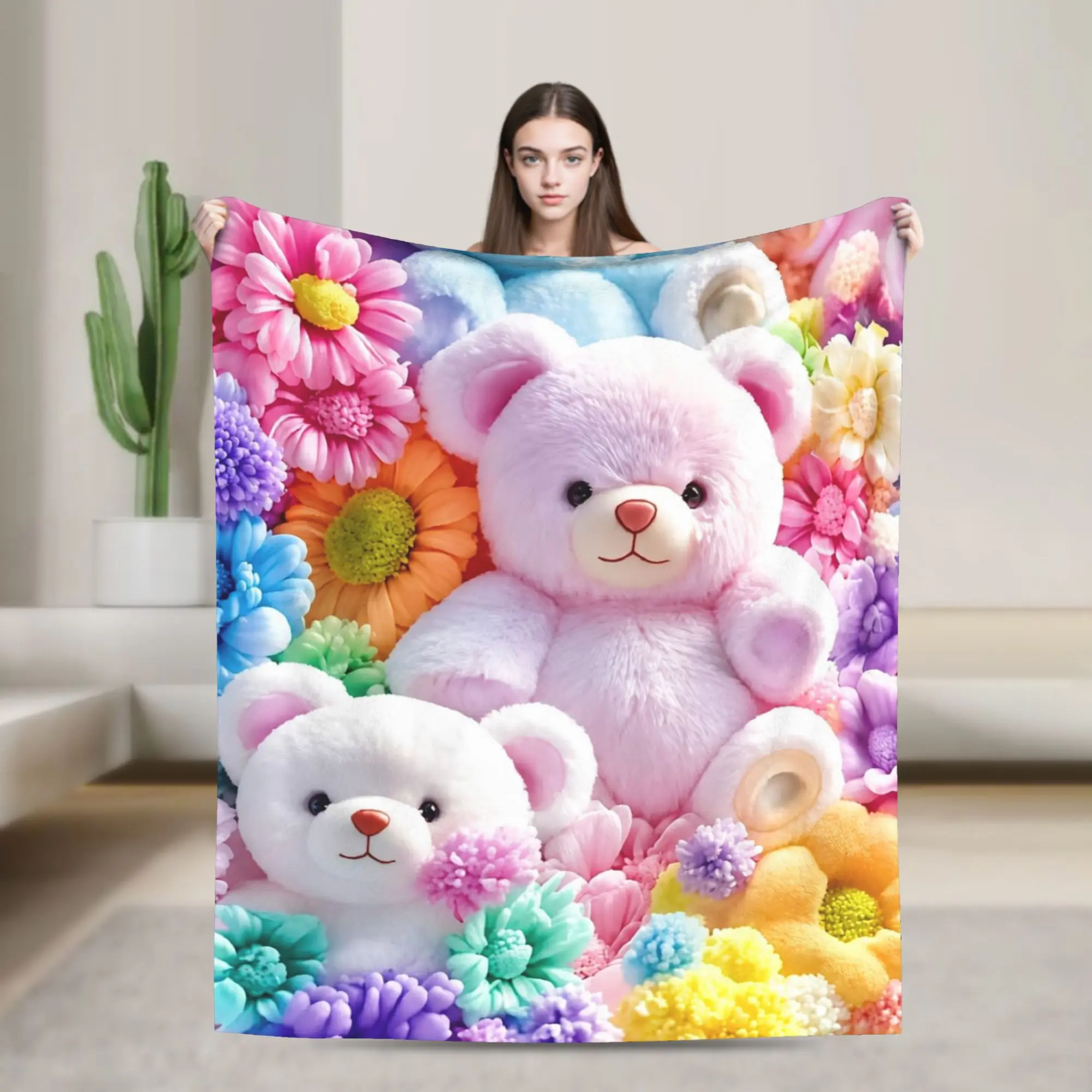 3D Teddys Bear Sweet Cartoon Lovely Flannel Blankets Candy Flower Novelty Throw Blanket for Home Hotel Sofa  200x150cm Bedspread