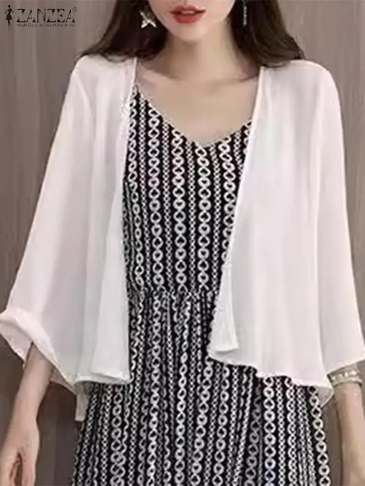 ZANZEA Women Summer Chiffon Cardigan All-match Flared Sleeve Basic Shirt Korean Fashion Beach Sheer Chiffon Cover Up Kimono Tops