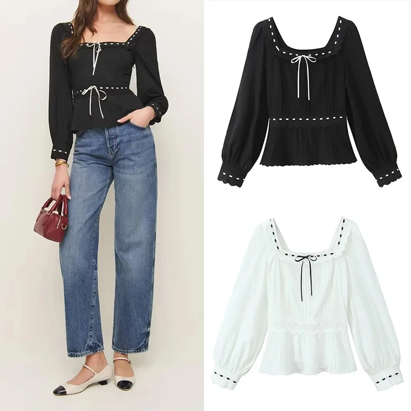 

Retro Sle Bubble Sve irt Square Collar Contrast Color Stitching Lace Trim Women's Spring Faion 2025 Z Ladies' S...