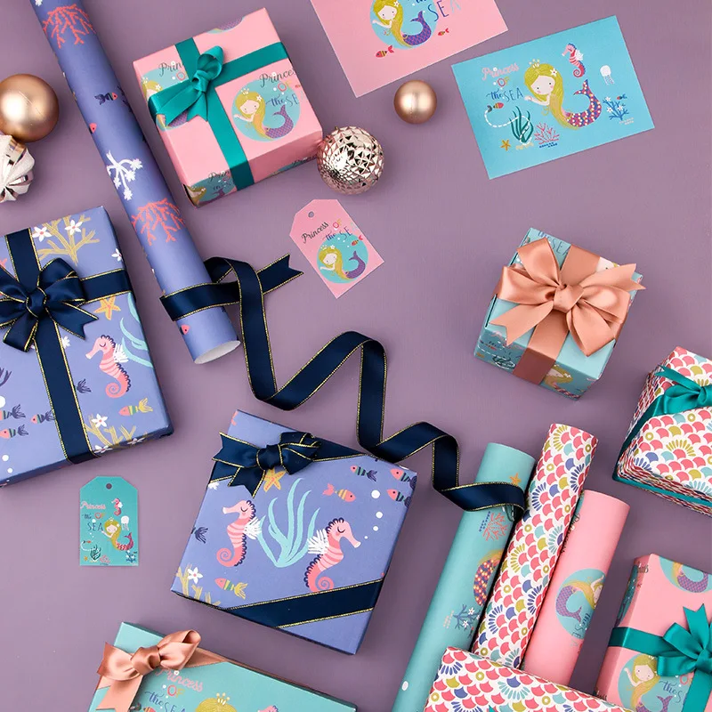 4 Pcs Cartoon Mermaid Wrapping Paper Roll for Wedding Kids Birthday Holiday Baby Shower Gift Wrap Craft Paper Decor Gifts