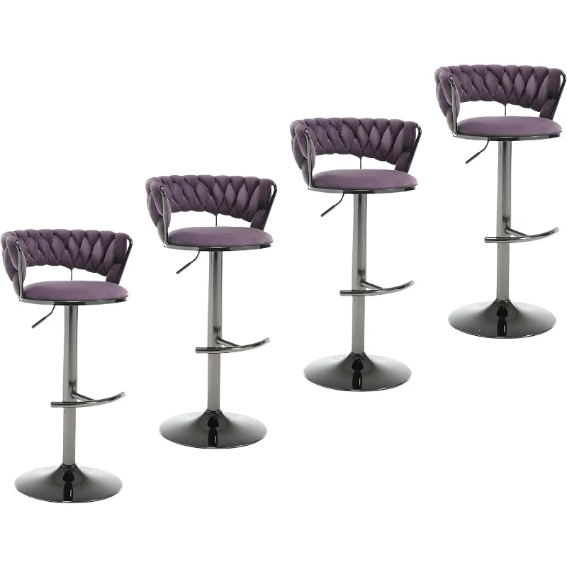 

Velvet Swivel Bar Stools Set of 4,Modern Adjustable Counter Height Stools with Woven Backrest&Gunmetal Legs,Swivel Bar Chairs