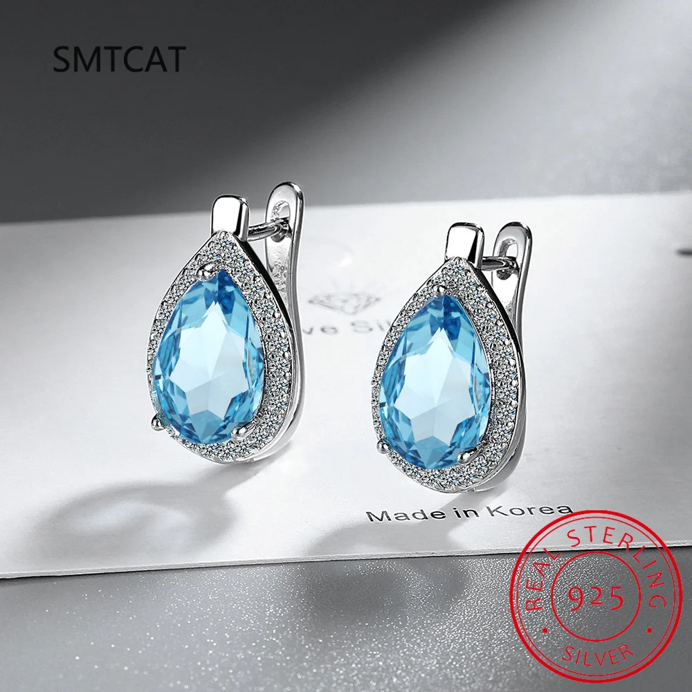 Pear 1.2ct Genuine Blue Topaz 925 Sterling Silver Water Drop Hoop Earrings for Women Fashion Gemstone Jewelry Party Gift