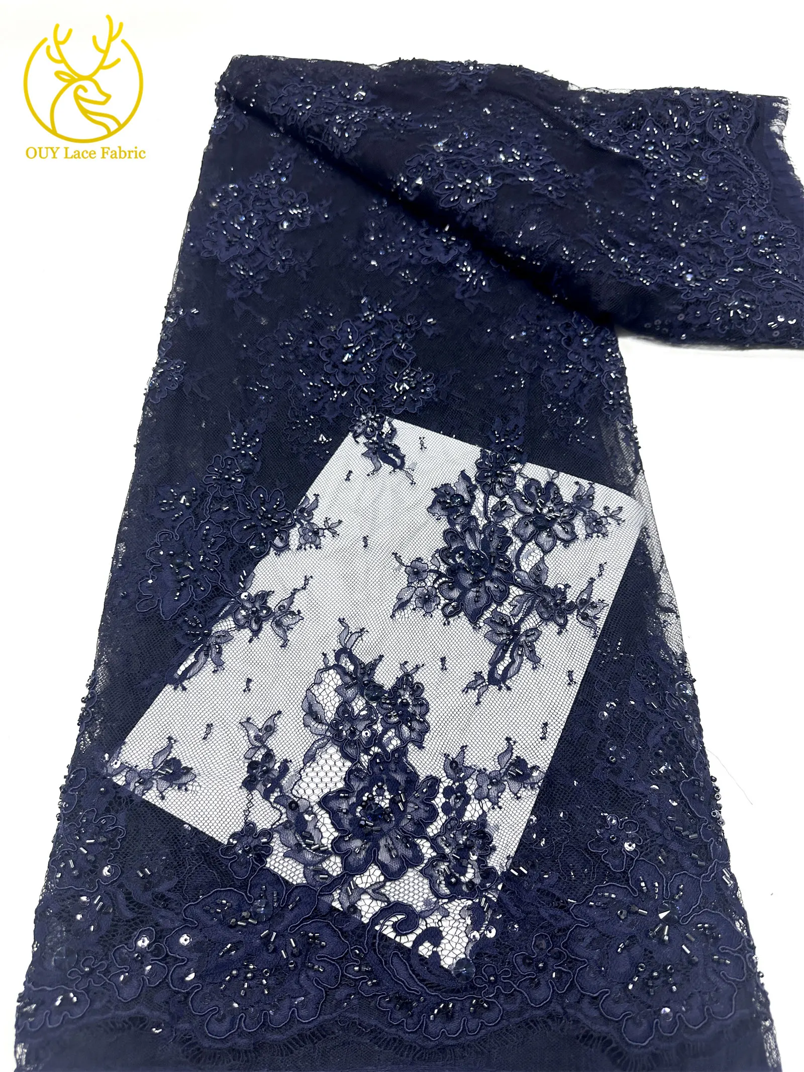 Afrikanische Diamant-Spitzenstickerei mit Pailletten, 3 Meter Marineblauer Französischer Perlen-Tüllstoff für Nigerianische Partykleider – Detail 11