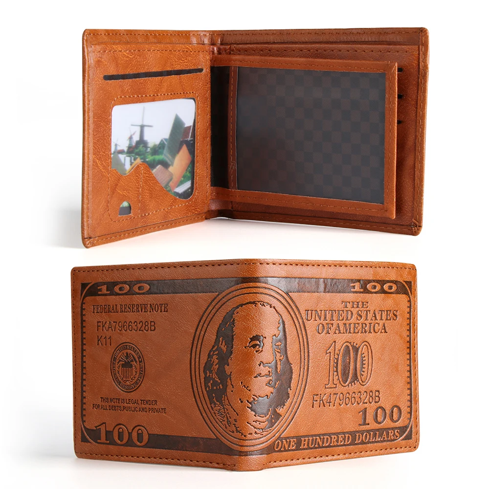 Hot Dollar Bill Pattern Men's Leather Credit Card Dollar Bill Pattern Bifold Purse Wallet Brown Purse