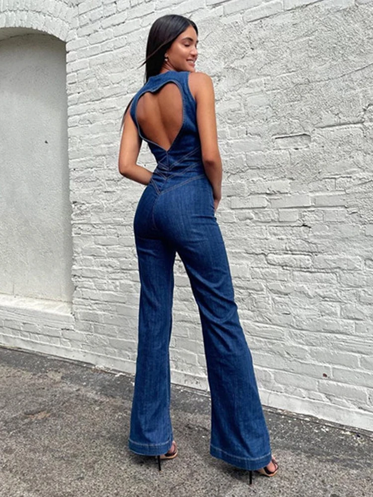 

Zipper heart-shaped backless high waist straight leg street decoration casual wear fashionable denim jumpsuit high street daily