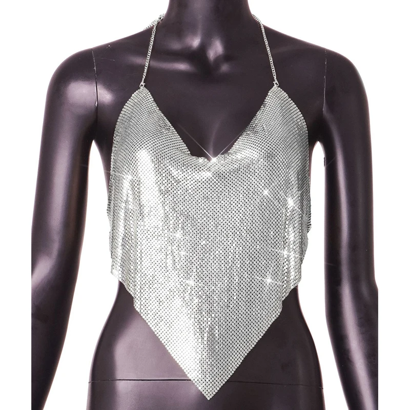 Damen-Tanktops: Goldfarbenes Metall-Mesh-Neckholder-Top mit glitzernden Strassketten, Wasserfallausschnitt, rückenfreies Crop-Top für Party und Clubwear – Luxuriöse Kleidung – Detail 6