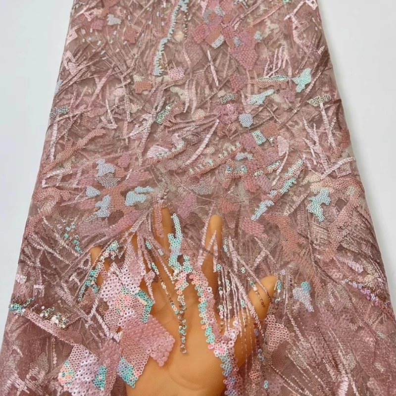 

High-quality French blue mesh fabric, African sequins, retro diamond-shaped leaf sequin embroidery and sewing fabric