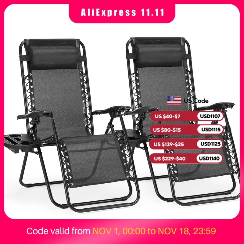 JHK Zero Gravity Portable Recliner Camping Patio Outdoor Garden Lounge Chair with Cup Holder Trays Adjustable Pillow for Backyard