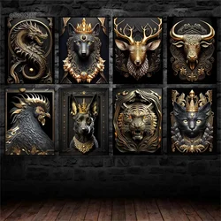 Black Gold Metal Animal Wall Art Canvas Painting King Lion Dragon Tiger Dog Poster Prints Pictures for Modern Living Room Decor