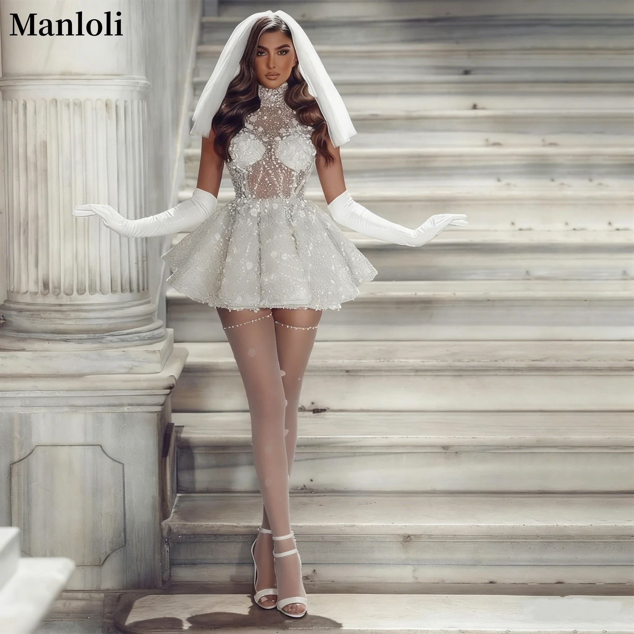 Elegant High Collar Lace Shining Wedding Dress A-line Knee length Decal Bride Dress Saudi Arabia Party Dress Customized