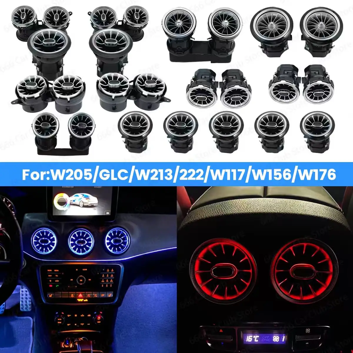 3/64 Color LED Air Vents for Mercedes Benz W205 W213 W222 W117 W176 X156 W206 W167 Interior Lighting Upgrade